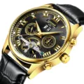KINYUED Herren Gold Automatik Mechanische Uhr Schwarzes Lederarmband Skelett Zifferblatt - Goldschwarz