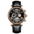 KINYUED Herren Automatikuhr Mechanische Uhr Skelett Zifferblatt Lederarmband Herrenuhr - Roségold Gehäuse + Schwarzes Zifferblatt + Schwarzes Armband