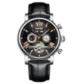 Herren Automatikuhr mechanische Uhr mit schwarzem Zifferblatt und echtem Lederarmband. - Silbernes Gehäuse & Schwarzes Zifferblatt & Schwarzes Band