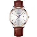 Herren mechanische Uhr mit braunem Lederarmband, Roségold-Lünette und weißem Zifferblatt. - Geschenkbox-Edition / Roségold/Weißes Zifferblatt