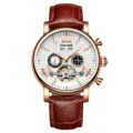 KINYUED automatische mechanische Uhr für Herren, skelettiertes Zifferblatt, braunes Lederarmband. - Roségold Gehäuse + Weißes Zifferblatt + Braunes Armband