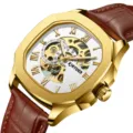 KINYUED Herren Automatikuhr Skelett Zifferblatt goldfarben Edelstahl braunes Lederarmband - Goldgehäuse Weißes Zifferblatt
