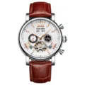Automatisches Herren-Mechanikuhr mit Skelett-Zifferblatt, braunem Lederarmband und Edelstahlgehäuse. - Silber Gehäuse + Weißes Zifferblatt + Braunes Armband