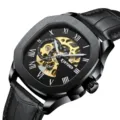 KINYUED Herren Automatikuhr Mechanisch Schwarzes Zifferblatt Skelett Lederarmband - Schwarzes Gehäuse Schwarzes Zifferblatt
