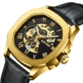 KINYUED Herren Automatikuhr Gold Skelett Zifferblatt Schwarzes Lederarmband Luxus Uhr - Goldgehäuse Schwarzes Zifferblatt