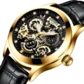KINYUED automatik mechanische herrenuhr mit skelett zifferblatt und lederarmband hauptbild - Gold