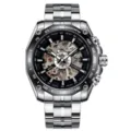 Herren Automatik mechanische Uhr mit Skelettzifferblatt, silbernem Stahlarmband und Lünette. - Silbernes Gehäuse Schwarze Lünette Schwarzes Zifferblatt Silbernes Armband