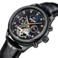 Herren Automatikuhr mechanisch mit Tourbillon, Mondphase und schwarzem Lederarmband. - Schwarzes Gehäuse Schwarzes Zifferblatt