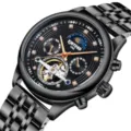 Kinyued Automatische Mechanische Uhr Herren Skelett Luxus Armbanduhr Diamant Zifferblatt Stahl - Komplett Schwarzes Zifferblatt mit Werkzeug