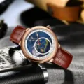KNORVS Herren Automatikuhr mechanische Armbanduhr mit Sternenhimmel Zifferblatt und Lederarmband. - Sternenhimmel Roségold