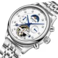 KINYUED Reloj Mecanico Automatico Hombre Tourbillon Esqueleto Acero Lujo Pulsera - Plateado Esfera Blanca con Herramienta