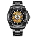 Herren Automatikuhr mechanisch mit schwarzem Stahlarmband und goldenem Skelett-Zifferblatt. - Schwarzes Gehäuse Schwarze Lünette Schwarzes Zifferblatt Goldenes Uhrwerk Schwarzes Armband