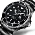 Herren Automatikuhr schwarzes Zifferblatt Edelstahlarmband Luxus Taucherstil wasserdichte Uhr. - 42mm Gehäuse / Glänzend Schwarz