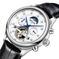 Reloj mecánico automático para hombre con esfera esquelética y correa de piel. - Caja Plateada Esfera Blanca