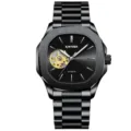 KINYUED Herren Automatikuhr Schwarze Edelstahluhr Skelett Mechanische Armbanduhr - Glänzendes Schwarz