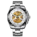 Herren Automatikuhr skelettiertes Zifferblatt Edelstahlarmband Luxus Sport Herrenuhr - Silbernes Gehäuse Schwarze Lünette Weißes Zifferblatt Goldenes Uhrwerk Silbernes Armband