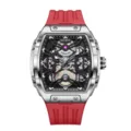 KNORVS Herren Automatik Armbanduhr mit Skelett Zifferblatt und rotem Kautschuk Armband. - Fortgeschrittener Stil + Super Leuchtend / Silberschwarz