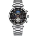 Heren automatisch mechanisch horloge met stalen band en strass stenen wijzerplaat. - Zilveren Kast + Zwarte Wijzerplaat + Zilveren Stalen Band