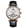 Herren Automatikmechanikuhr mit Roségoldgehäuse, weißem Zifferblatt und schwarzem Lederarmband. - Roségold Gehäuse Weißes Zifferblatt