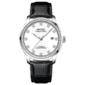 Herren Automatikuhr mit weißem Zifferblatt, Strass-Lünette und schwarzem Lederarmband. - Mode Silber