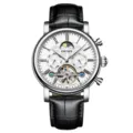 KINYUED Herren Automatikuhr mechanische Uhr mit Skelett Zifferblatt und Lederarmband. - Silbergehäuse Weißes Zifferblatt