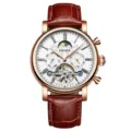 Herren Automatikuhr mit Roségold Gehäuse, weißem Zifferblatt und braunem Lederarmband. - Roségold Weißes Zifferblatt