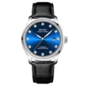 Herren Automatikuhr Mechanische Uhr Schwarzes Lederband Blaues Zifferblatt Diamant Lünette - Modisches Silber & Blau