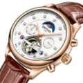 Reloj mecánico automático para hombre caja oro rosa correa cuero marrón esfera esqueleto - Caja Oro Rosa Esfera Blanca