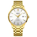 Elegante goldene mechanische Armbanduhr mit weißem Zifferblatt und Edelstahlarmband. - Gold Weiß