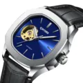 Automatisches Herrenuhr mit blauem Zifferblatt, achteckiger Lünette und schwarzem Lederarmband. - Saphirblau