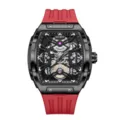 Herren Automatikuhr mit skelettiertem Zifferblatt, schwarzem Gehäuse und rotem Silikonriemen. - Fortgeschrittener Stil + Super Leuchtend / Schwarz