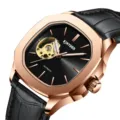 Luxus mechanische Herrenuhr mit Automatikwerk, Skelett-Zifferblatt und Lederarmband. - Roségold & Schwarz