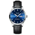 Herren Automatikuhr mechanische Uhr mit blauem Zifferblatt Edelstahlgehäuse Lederarmband. - Blau