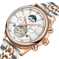 Herren Automatikuhr mechanische Uhr zweifarbiges Stahlarmband weisses Zifferblatt Mondphase - Geschenkbox / Weißes Zifferblatt Roségold Armband