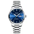 Herren Automatik mechanische Uhr mit blauem Zifferblatt und Edelstahlarmband bis 100m. - Blaues Zifferblatt Silbernes Band
