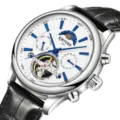 Herren Automatik mechanische Uhr mit weißem Zifferblatt und schwarzem Lederarmband. - Geschenkbox / Silbergehäuse Weißes Zifferblatt