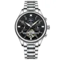 KINYUED automatische mechanische Herrenuhr, edles silbernes Edelstahlarmband, Skelett. - Rüstung Schwarz