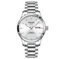 Edelstahl automatik herrenuhr mit weissem zifferblatt und mechanischem werk fuer business. - Weißes Zifferblatt Silbernes Band