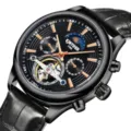 Automatisches Herren-Mechanikuhr mit schwarzem Zifferblatt, roségoldenen Indizes und Lederarmband. - Geschenkbox / Schwarzes Gehäuse Schwarzes Zifferblatt