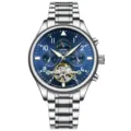 Automatisches Herren-Mechanikuhr mit blauem Zifferblatt Edelstahlarmband und Skelett-Tourbillon - Marineblau