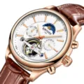KINYUED Automatikuhr für Herren, Roségold Gehäuse, braunes Lederarmband, Mondphase. - Geschenkbox / Roségold Gehäuse Weißes Zifferblatt