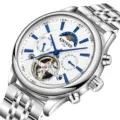 Kinyued automatische mechanische Herrenuhr mit Kalender weißes Zifferblatt Edelstahl - Geschenkbox / Weißes Zifferblatt Silbernes Band
