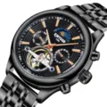 KINYUED Automatik Herrenuhr in Schwarz, edles Edelstahlarmband mit Tourbillon Zifferblatt. - Geschenkbox / Schwarzes Zifferblatt Schwarzes Armband