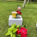 Dettaglio di una simpatica statuetta in metallo di coccinella con pala e secchiello giallo. - Coccinella Che Tiene una Pala