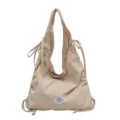 Bolso de hombro beige holgado con cordones, bolsa informal de gran capacidad para diario. - Caqui