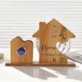 Wooden perpetual calendar desk organizer with rotating date and mini clock for home office. - House Clock Pen Holder Style