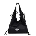 Bolso de hombro negro estilo coreano gran capacidad, bolso casual con cordón de moda. - Negro