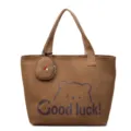 Brown canvas tote bag with cute bear print and matching coin purse, spacious casual shoulder bag. - Caramel color