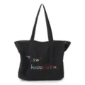 Bolso tote de nailon negro con diseño de letras de cuentas coloridas, gran bolso de hombro casual. - Negro