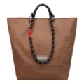 Bolso tote marrón de cuadrícula con asas de cuerda en blanco y negro y gran capacidad diaria. - Marrón